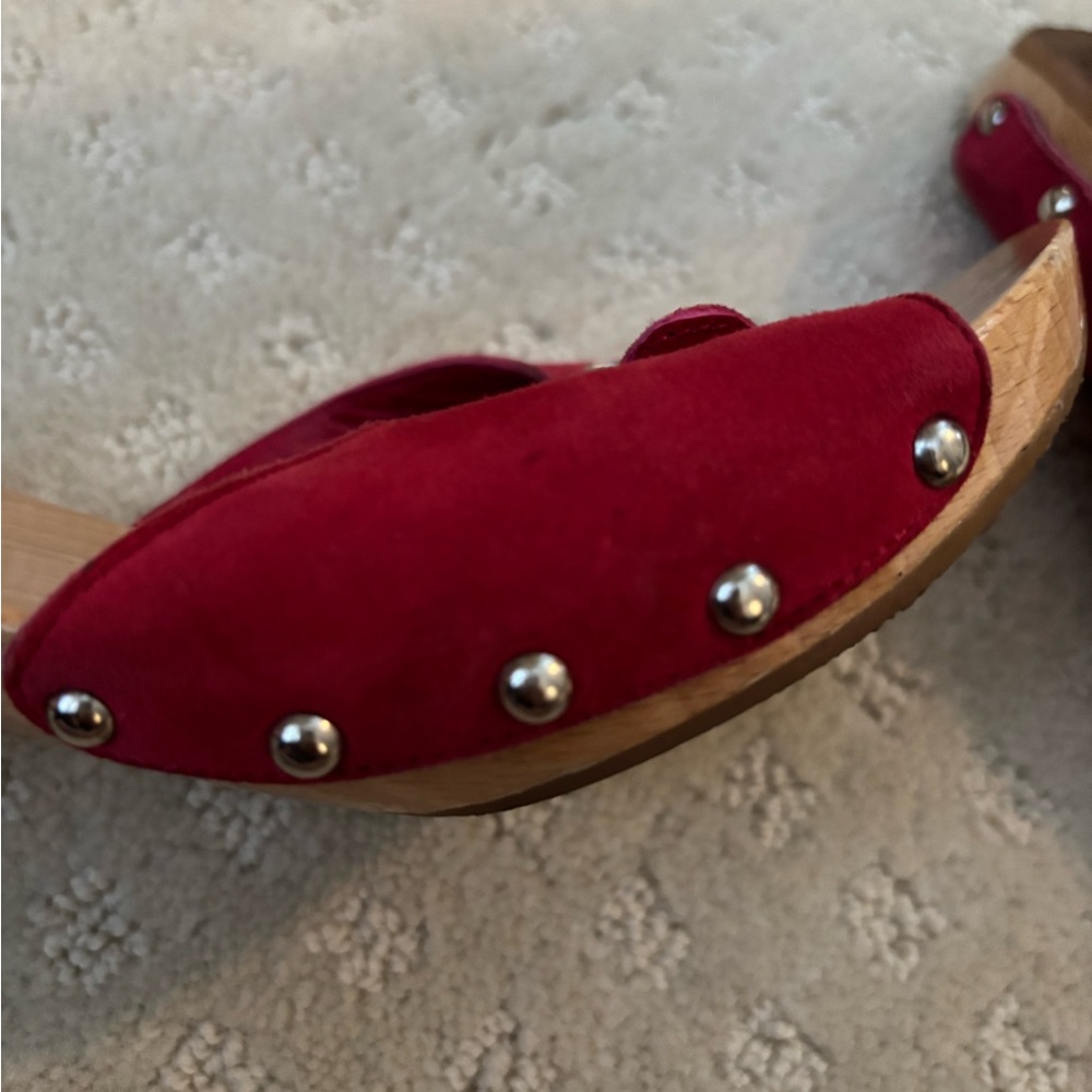 CHANEL Red Suede Slide Mules with Wood Heel - Picture 10 of 12